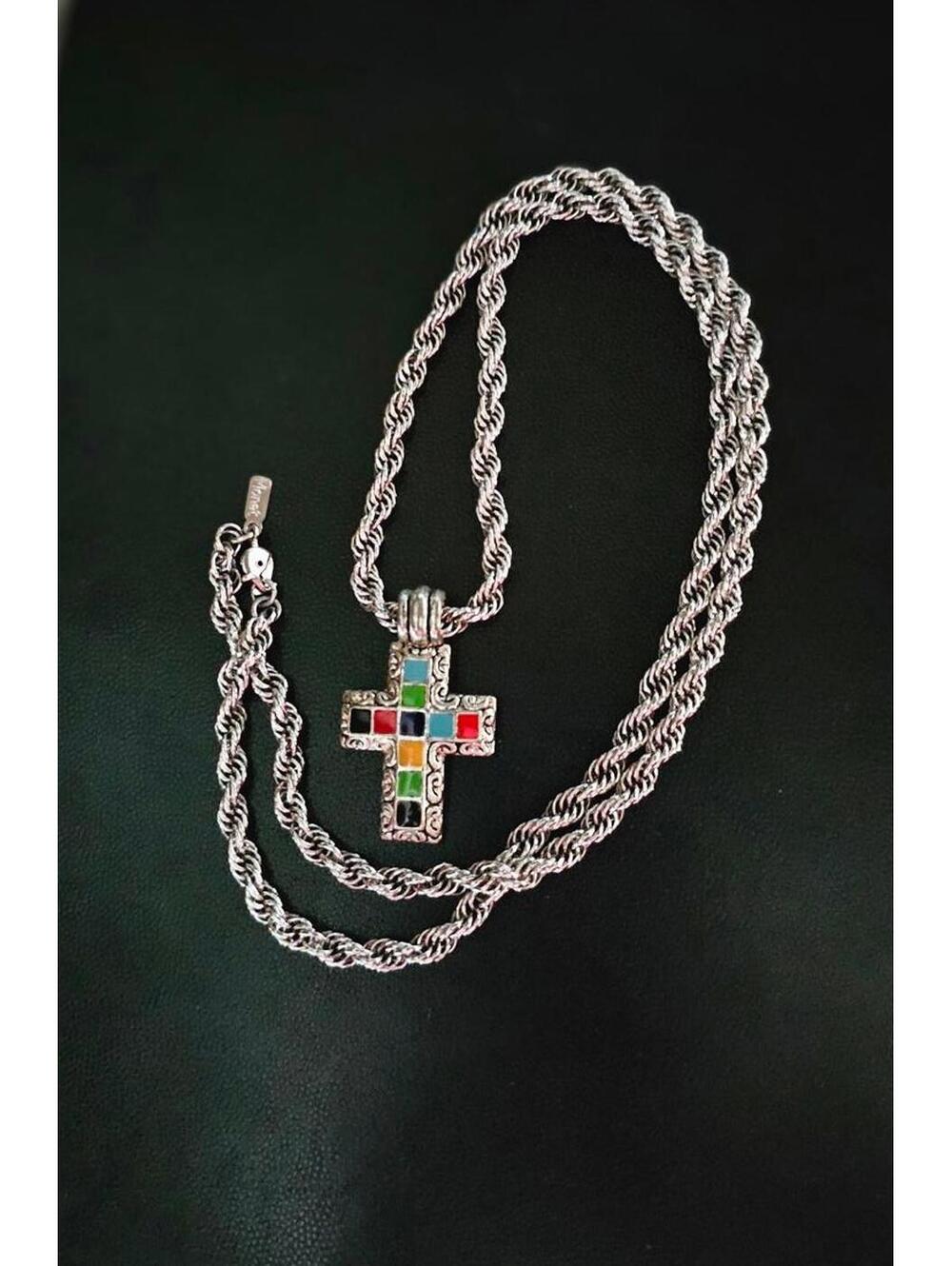 MONET Necklace Silver Tone Cross Pendant Enamel Colors